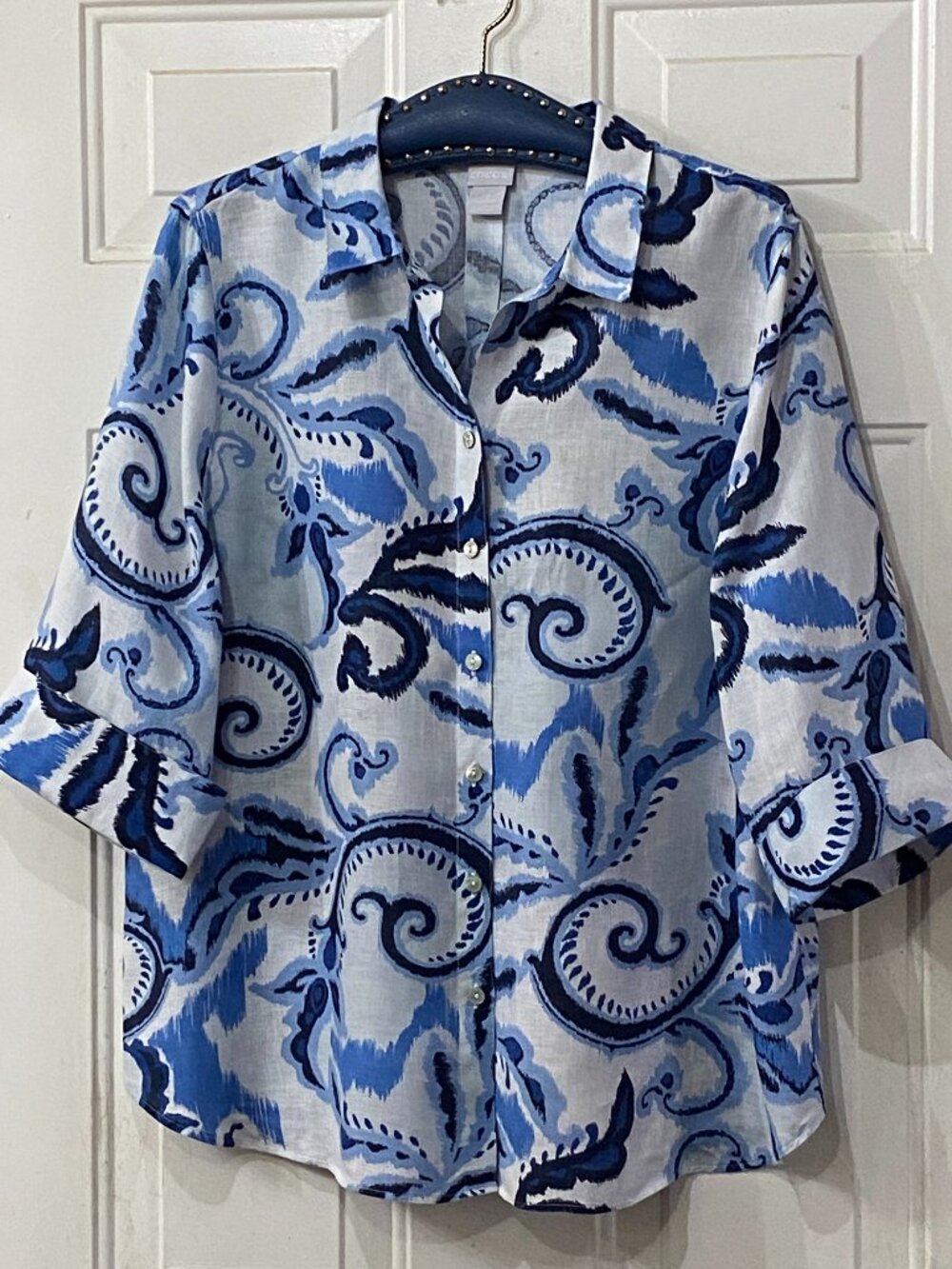 Chico's No-Iron Sz 3 (XL) Linen Blouse Button Up 3/4 Sleeve White/Blue Paisley